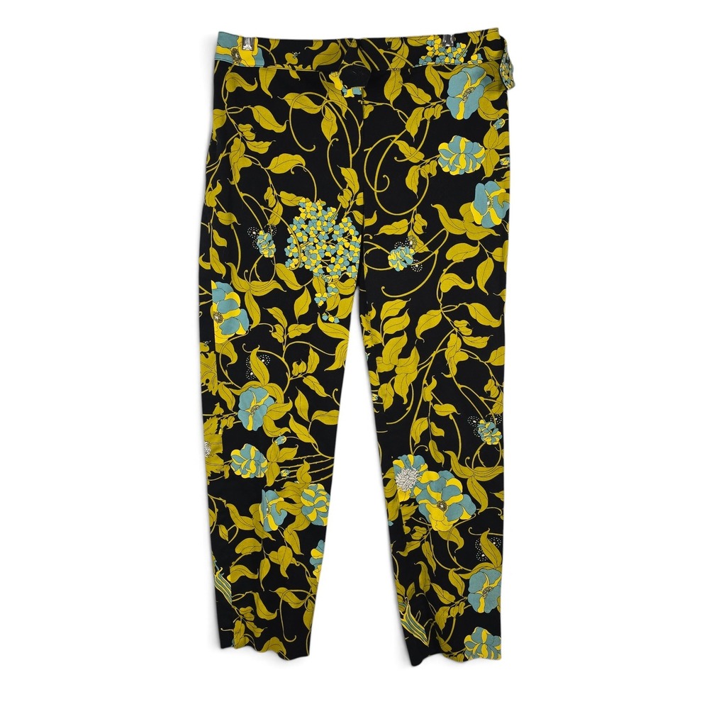 Carlisle Pants Women 12 Slim Tapered Black Yellow Floral Cotton Stretch EUC Pant